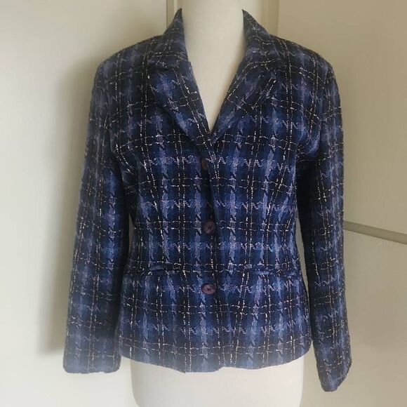 Hillary Hanson Shades of Blue Plaid/Tweed Blazer, Sz
 12, Pre-owned - Picture 1 of 9